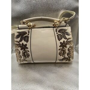 Ivory Floral Embroidered Satchel Bag Gold Hardware Detachable Strap Zip Closure